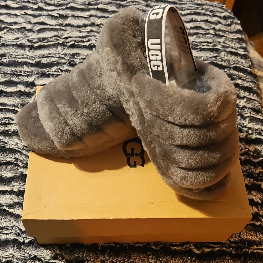 UGG Gray Fluffy Slippers